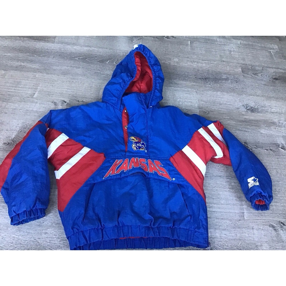 Vintage 90s Kansas Jayhawks 1/4 Zip Pullover Starter Jacket Size Kids M Puffer